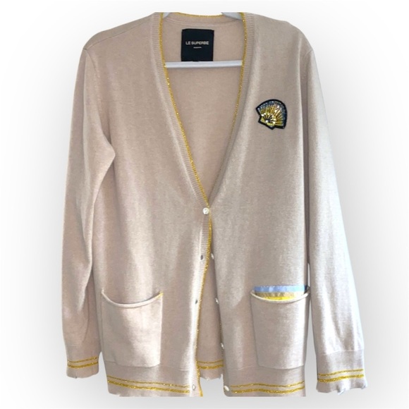 Le Superbe Oatmeal Beach to Bar Cashmere Cardigan, bejewelled shell, pockets, M - Picture 3 of 15